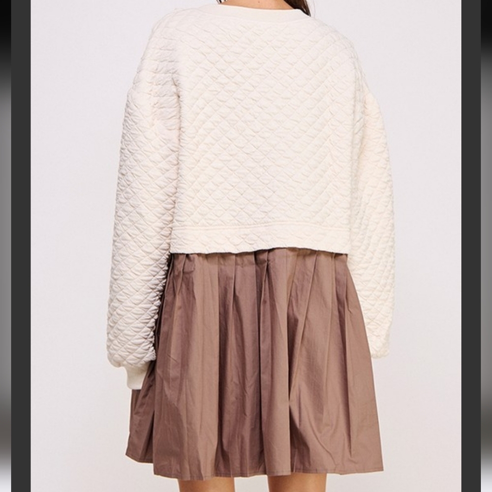 Jade by Jane Quilted Diamond Colorblock Babydoll Mini Dress Cream Taupe Size S/M - Picture 6 of 9